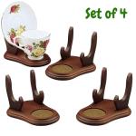 BANBERRY DESIGNS Tea Cup and Saucer Display Stand - Set of 4 Wood Holders for Collectible Teacup and Saucer Sets - Walnut Finish Single Cup/Saucer Display