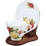 BANBERRY DESIGNS Tea Cup and Saucer Display Stand - Set of 4 Wood Holders for Collectible Teacup and Saucer Sets - Walnut Finish Single Cup/Saucer Display