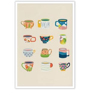 Cute Coffee And Tea Cup Poster Funny Colorful Kitchen Mug Wall Art Modern Minimalist Creative Cafe Aesthetic Prints Painting For Kitchen Living Room Dining Room Wall Decor 12x16in Unframed