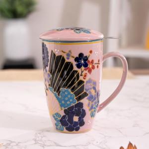 Urban Tokyo Tea Mug With Lid and Stainless Steel Infuser For Loose Leaf Tea Bag Tea Cup 15oz Porcelain Hot Beverage Everyday Use Home Office (Fan Festival)