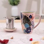 Urban Tokyo Tea Mug With Lid and Stainless Steel Infuser For Loose Leaf Tea Bag Tea Cup 15oz Porcelain Hot Beverage Everyday Use Home Office (Fan Festival)