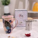 Urban Tokyo Tea Mug With Lid and Stainless Steel Infuser For Loose Leaf Tea Bag Tea Cup 15oz Porcelain Hot Beverage Everyday Use Home Office (Fan Festival)