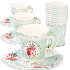 12 x Vintage Paper Floral Disposable Tea Cups & Saucer Set, Afternoon Tea Party Table Decorations For Mother’s Day, Birthday, Baby Shower, Wedding