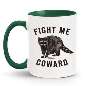 JKMBN Fight Me Coward Racoon Coffee Mugs, Funny Novelty Gift for Women Girls Raccoon Lovers, Cute Animals Themed Ceramic Coffee Mug, Brave Raccoon Coffee Cup, 11oz Ceramic Cup Green