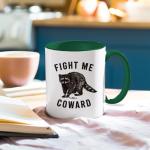 JKMBN Fight Me Coward Racoon Coffee Mugs, Funny Novelty Gift for Women Girls Raccoon Lovers, Cute Animals Themed Ceramic Coffee Mug, Brave Raccoon Coffee Cup, 11oz Ceramic Cup Green
