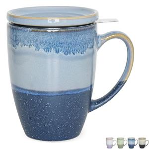 Bosmarlin Ceramic Tea Cup with Infuser and Lid, 13.5 Oz, 4 Colors to Choose, Microwave and Dishwasher Safe, Steeping Tea Mug with Strainer, Reactive Glaze (Blue)