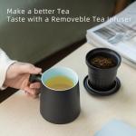ZENS Tea Cup with Infuser and Lid for Loose Leaf Tea Steeper, 12oz Black Ceramic Tea Mug with Wood Handle for Tea Lovers Gifts