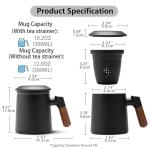 ZENS Tea Cup with Infuser and Lid for Loose Leaf Tea Steeper, 12oz Black Ceramic Tea Mug with Wood Handle for Tea Lovers Gifts