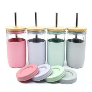 Elk and Friends 24oz Glass Mason Jar – Pack of 4 | Bamboo Straw Lids + Stainless Steel Straws | Smoothie + Iced Coffee + Bubble Tea Cups | Glass Cups with Lids and Straws | Dishwasher Safe