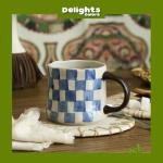 DELIGHTS GALORE Retro Checkered Ceramic Coffee Mug 16Oz - Extra Large Handle, Microwave Safe Vintage Patterned Tea Cup for Home, Office Blue and White Checkered Pattern, Brown Handle