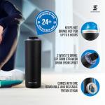 Ice Shaker Insulated Stainless Steel Tumbler | 20 oz, Black | 24+ Hours Cold & 6+ Hours Hot | Removable Straw and Drink Spout | Odor-Free Tumbler Cup Water, Coffee, Tea, Smoothies, Cocktails