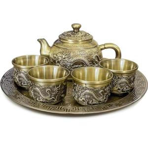 Chinese Gongfu Tea Set,Traditional Teapot Set Including 4 Metal Cups and Tea Tray,Craft Kettle Set for Table Decor (Dragon)