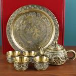 Chinese Gongfu Tea Set,Traditional Teapot Set Including 4 Metal Cups and Tea Tray,Craft Kettle Set for Table Decor (Dragon)