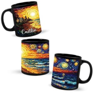 Celestial Scene Mug, Personalized Ocean Coffee Cup 11oz 15oz, Customized Name Sunset Full Wrap Mug, Nature Inspired Black Cup, Custom Landscape Ceramic Mug For Family Members, 1PCS