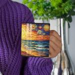 Celestial Scene Mug, Personalized Ocean Coffee Cup 11oz 15oz, Customized Name Sunset Full Wrap Mug, Nature Inspired Black Cup, Custom Landscape Ceramic Mug For Family Members, 1PCS