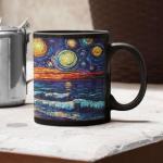 Celestial Scene Mug, Personalized Ocean Coffee Cup 11oz 15oz, Customized Name Sunset Full Wrap Mug, Nature Inspired Black Cup, Custom Landscape Ceramic Mug For Family Members, 1PCS