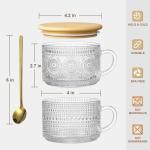 Vintage Coffee Mugs, Overnight Oats Containers with Bamboo Lids and Spoons - 14oz Clear Embossed Glass Cups, Cute Coffee Bar Accessories, Iced Coffee Glasses, Ideal for Cappuccino, Latte, 2 Pack