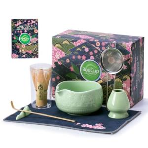 Buucup Matcha Whisk Set, Ceramic Matcha Bowl, Bamboo Whisk, Scoop, Sifter, Tea Towel - 7 Pcs Matcha Kit for Matcha Lovers (Green)