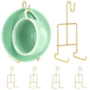 QWORK 6 Pack Gold Tea Cup and Saucer Display Stand Holder Rack for China Coffee Mugs Organizer – Teacup Easel for Kitchen, Dining Room, and Curio Cabinet Displays