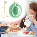 QWORK 6 Pack Gold Tea Cup and Saucer Display Stand Holder Rack for China Coffee Mugs Organizer – Teacup Easel for Kitchen, Dining Room, and Curio Cabinet Displays