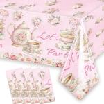 4 PCS Pink Floral Tea Tablecloth 54'' x 108'' Let's Par Tea Table Cover for Teapots Teacups Theme Girls Par Tea Baby Shower Floral Birthday Engagement Bachelorette Party Table Supplies Decorations