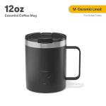 RTIC 12oz Essential Coffee Mug with Lid and Handle, Insulated, Ceramic Lined, Stainless Steel, Metal, Double Wall Vacuum-Insulation, Portable, Travel Cup for Hot and Cold Drink, Black