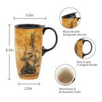 Topadorn Coffee Ceramic Mug Porcelain Latte Tea Cup With Lid 17oz, Novelty Coffee Mugs for Men Women Office & Home Sailboat