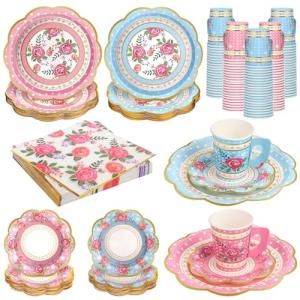 200 Pcs Disposable Tea Party Cups and Saucers Set, 50 Guests Floral Tea Party Supplies Include 9 oz Paper Tea Cups with Handle, 9 Inch Paper Plates, Saucers Napkins for Tea Party Birthday Wedding