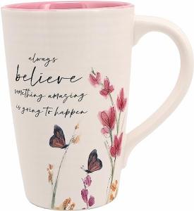 Pavilion Gift Company - Always Believe 17-ounce Cup, Floral Pattern Coffee Mug, Butterfly Coffee Cup, Spring Summer Kitchen Ideas, Inspirational Gifts Microwave & Dishwasher Safe, 1 Count, Cream