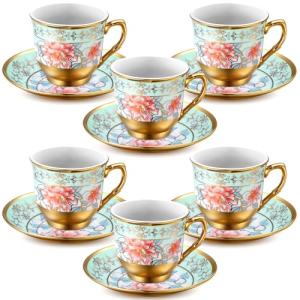 Acellegic Vintage Floral Tea Cups and Saucers Set of 6 (3 Oz), Porcelain Tea Cup Sets Assorted Colors with Gift Box for Cappuccino, Macchiato, Birthday Party Supply