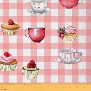 Feelyou Afternoon Tea Upholstery Fabric by The Yard, Vintage Buffalo Check Polka Dots Reupholstery Fabric for Chairs, Retro Tea Cups Cupcake Decorative Waterproof Outdoor Fabric, 1 Yard, Red White