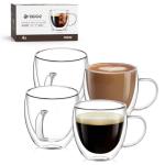 OJA Espresso Cups Set of 4, Hand Blown 5OZ Double Wall Glass Mugs with Handle Perfect for Cappuccino, Latte, Tea, Clear Glass Espresso Shot Cups Suitable for Coffee Machine