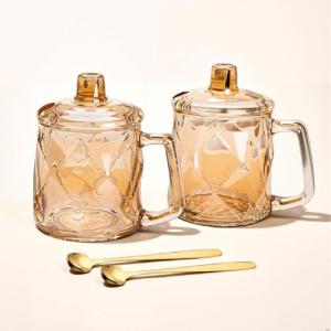 Amber Colored Glass Coffee Cups Set of 2, 11oz Vintage Glass Tea Mugs with Lids and Spoons, Large Drinking Glasses with Handle for Latte/Coffee/Tea/Milk/Juice