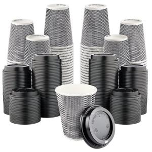 [400 SET]Harvest Pack 12 oz Disposable Coffee Cups, Insulated Ripple Double-Walled Paper Cup with Lid, Black and White Geometric, Tea Hot Chocolate Drinks To go coffee cups