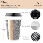 [400 SET]Harvest Pack 12 oz Disposable Coffee Cups, Insulated Ripple Double-Walled Paper Cup with Lid, Black and White Geometric, Tea Hot Chocolate Drinks To go coffee cups