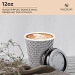 [400 SET]Harvest Pack 12 oz Disposable Coffee Cups, Insulated Ripple Double-Walled Paper Cup with Lid, Black and White Geometric, Tea Hot Chocolate Drinks To go coffee cups