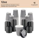 [400 SET]Harvest Pack 12 oz Disposable Coffee Cups, Insulated Ripple Double-Walled Paper Cup with Lid, Black and White Geometric, Tea Hot Chocolate Drinks To go coffee cups