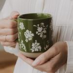 Sweet Water Decor Green Floral Stoneware Coffee Mugs - 14oz Cute Coffee Mugs for Hot & Cold Drinks - Dishwasher & Microwave Safe - Spring Home Decor and Gift - Ideal Tea & Espresso Mugs