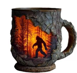 Bigfoot Forest Fire Mug, 3D Vintage Sasquatch Bigfoot Outdoor Coffee Cup, Bigfoot Coffee Mug, Campfire for Camping Kitchen, Suitable Nature Lovers Mountain Hiking and Camping Lovers