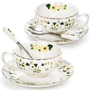 Lyellfe Set of 2 Tea Cup and Saucers, 6 Oz Floral Tea Cups with Spoon Gold Trim, Porcelain Bone China British Coffee Cappuccino Espresso Latte Mugs for Party Birthday Wedding Gifts