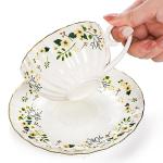 Lyellfe Set of 2 Tea Cup and Saucers, 6 Oz Floral Tea Cups with Spoon Gold Trim, Porcelain Bone China British Coffee Cappuccino Espresso Latte Mugs for Party Birthday Wedding Gifts