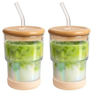 Cute Glass Iced Coffee Cup with Bamboo Lid