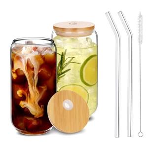 Bamboo-Lid Iced Coffee Glasses with Straws - 2 Pack