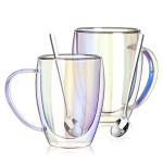 Double Walled Iridescent Glass Coffee Mugs, Set of 2