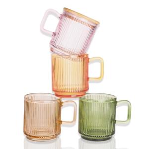 Cute Ribbed Glass Coffee Mug with Bamboo Lid