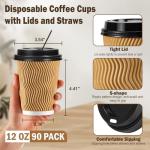 12 oz Disposable Coffee Cups with Lids - 90 Pack