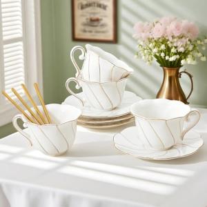 Elegant White Tea Cups and Saucers Set of 4