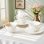 Elegant White Tea Cups and Saucers Set of 4