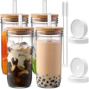 Danwei Glass Cups with Lids and Straws - 4 Pack