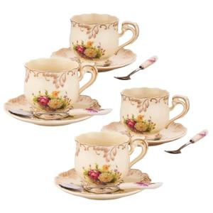 Ivory Floral Tea Cup Set with Saucers and Spoons